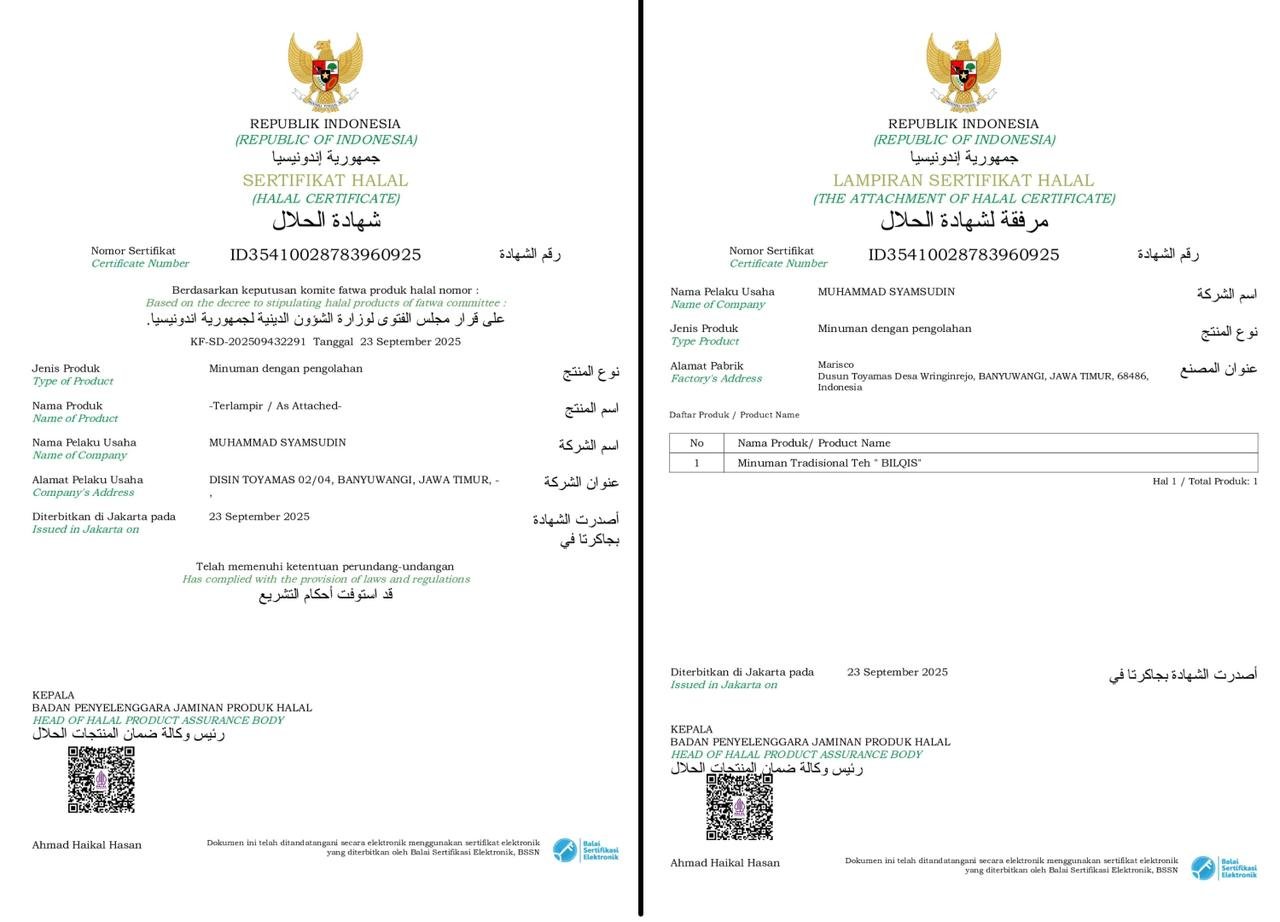 BilQis Tea Tersertifikasi HALAL oleh LPPOM MUI & BPJPH Kemenag RI